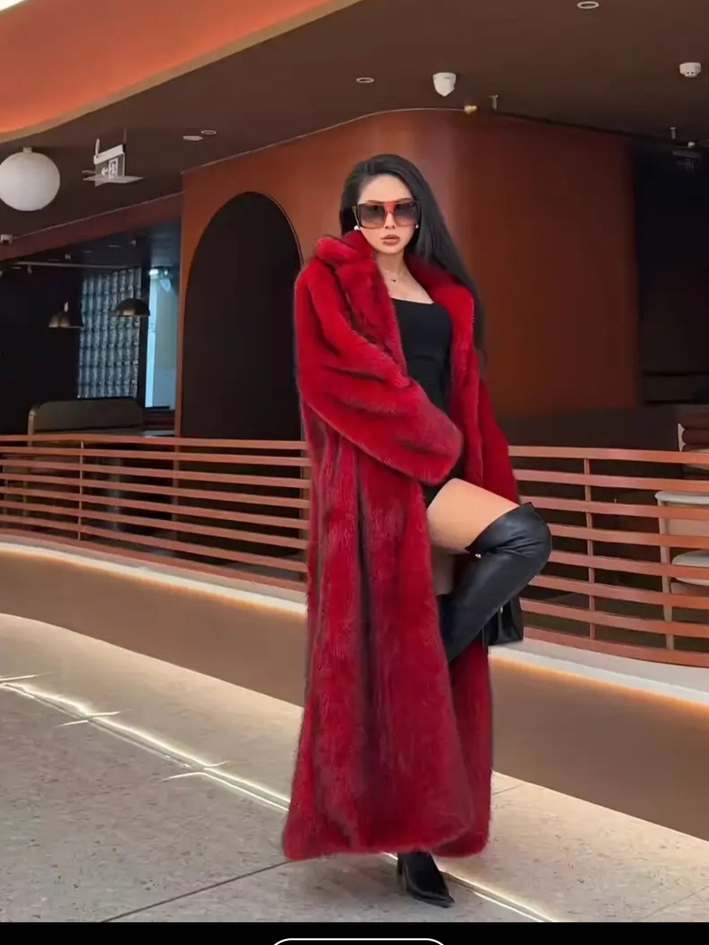 Dramatic Long Red Hooded Faux Fur Coat